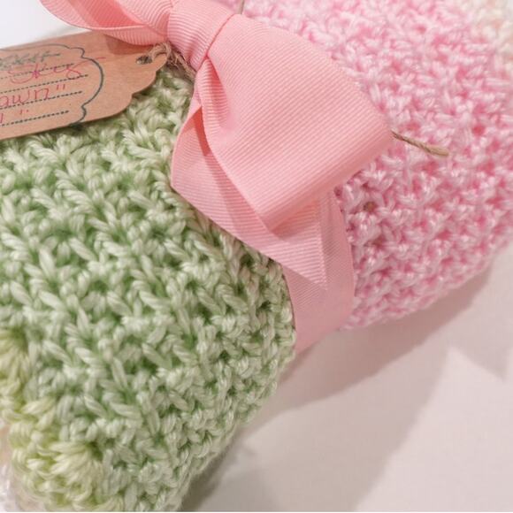 Pink Dawn PINK/SAGE/CREAM Crochet Baby Afghan Blanket, Soft Silky Yarn - Picture 9 of 12
